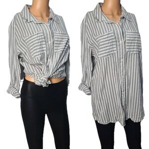 Japna Size Large Striped Button Down Shirt Gray White Boho Top Roll tab Career